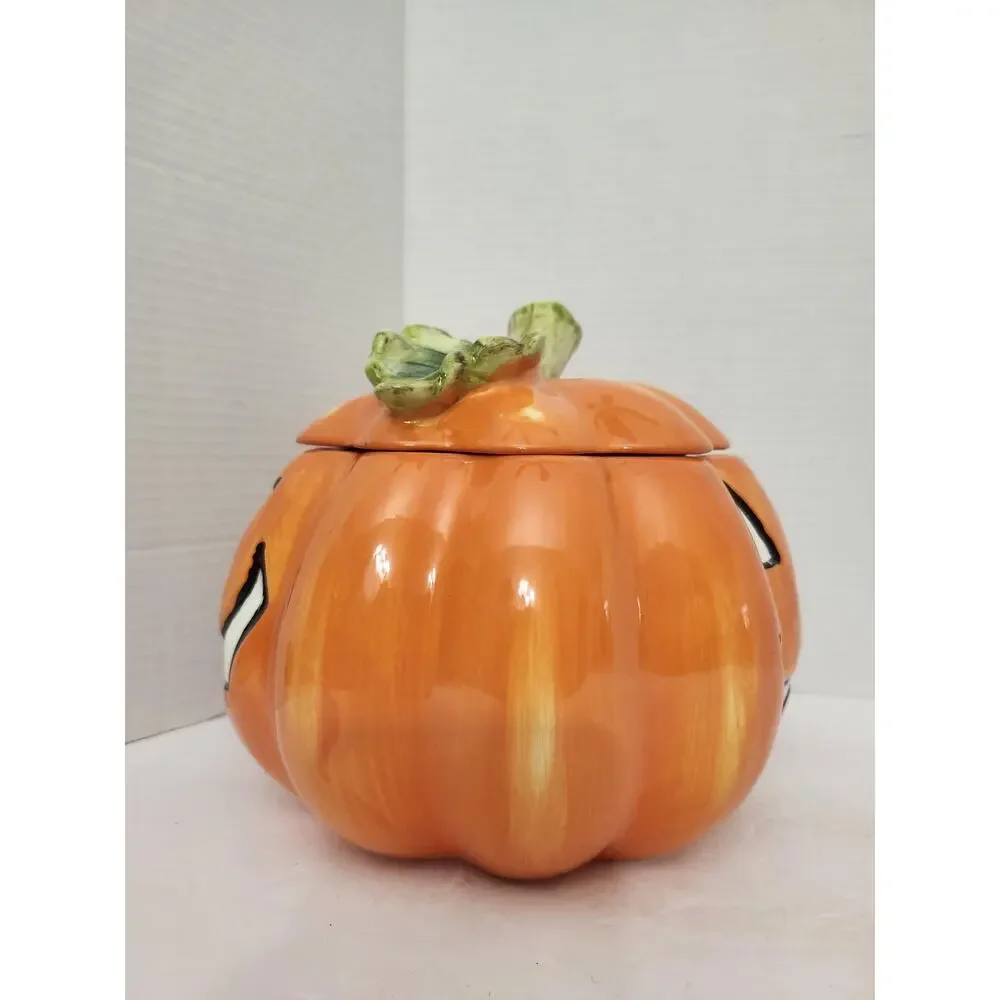 David's Cookies Halloween Pumpkin Ceramic Cookie Jar Jack O Lantern 2 Sided